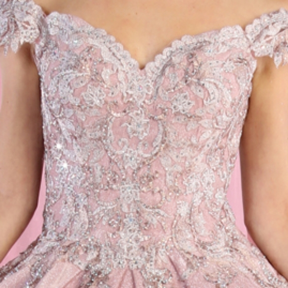 Lace applique beaded off the  shoulder long floor length lace up back ball gown - Picture 12 of 13